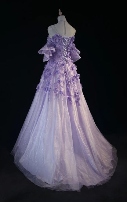 Feenhaftes lila Ballkleid Sweetheart Formales Kleid A-Linie Tüll Applikationen Langes Abendkleid DP05414