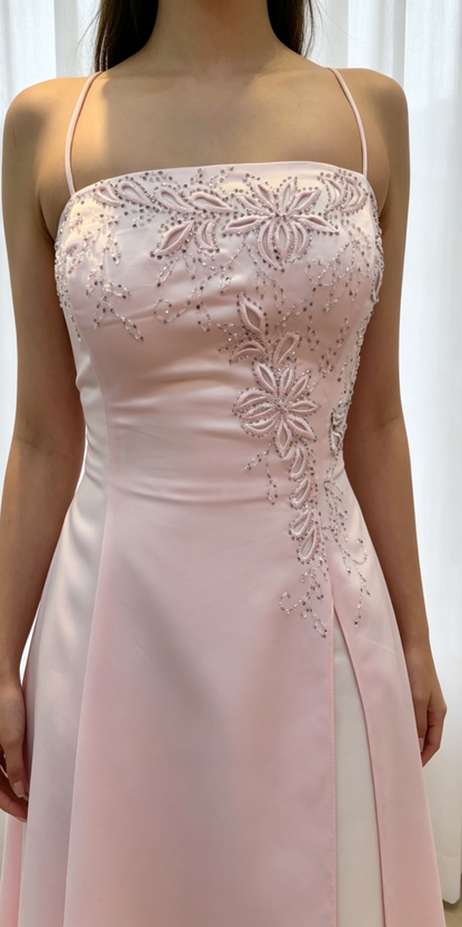 Schickes rosa Ballkleid Spaghettiträger Abendkleid A-Linie Satin Langes Abendkleid DP05416