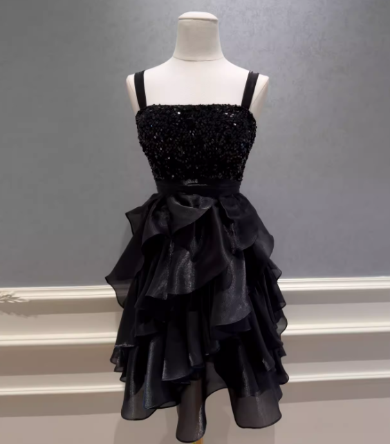 Elegantes schwarzes Cocktailkleid mit Trägern A-Linie Abschlussballkleid Tüll Geburtstagskleid DP05418