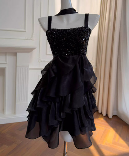Elegantes schwarzes Cocktailkleid mit Trägern A-Linie Abschlussballkleid Tüll Geburtstagskleid DP05418