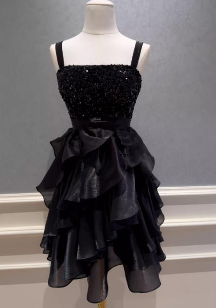 Elegantes schwarzes Cocktailkleid mit Trägern A-Linie Abschlussballkleid Tüll Geburtstagskleid DP05418