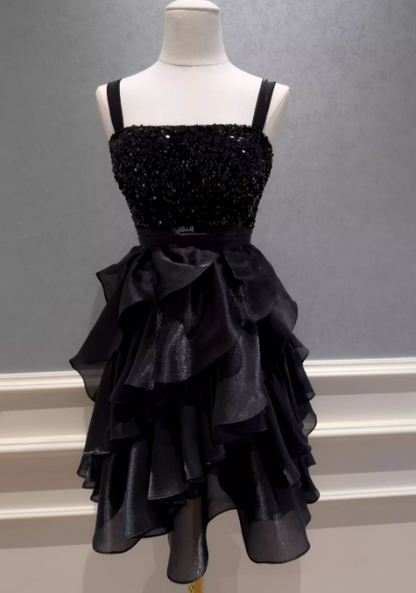 Elegantes schwarzes Cocktailkleid mit Trägern A-Linie Abschlussballkleid Tüll Geburtstagskleid DP05418