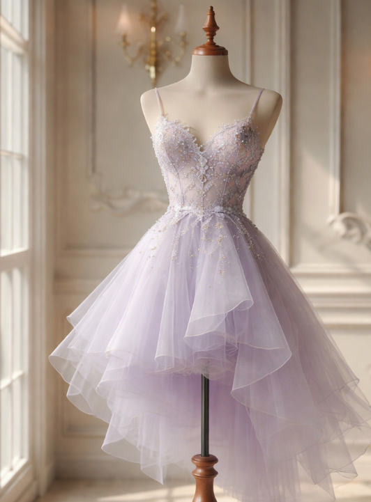 Robe de Cocktail Chic Violet Clair Bretelles Fines Robe de Bal de Fin d'Année Coupe Évasée Tulle Perlé Robe d'Anniversaire DP05421