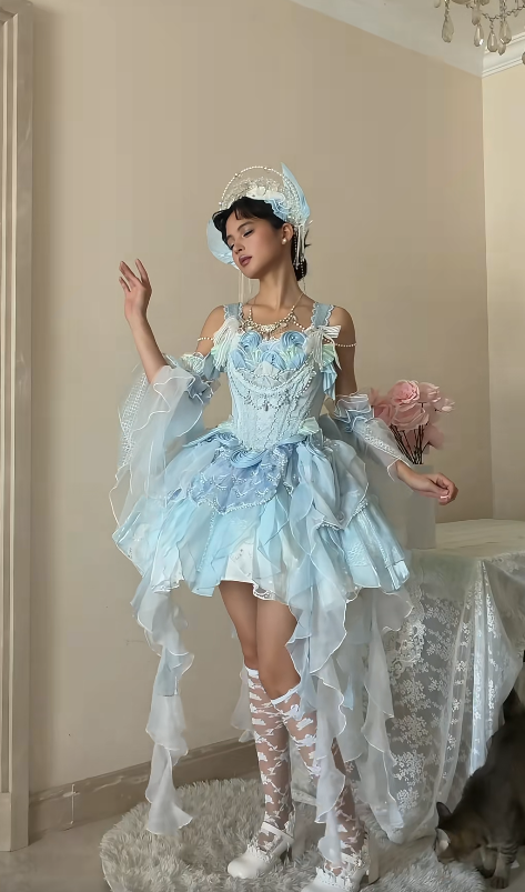 Feenhaftes blaues Geburtstagskleid mit Trägern, Ballkleid, Spitze, Lolita-Kleid, Tüll, blaues Partykleid DP05422