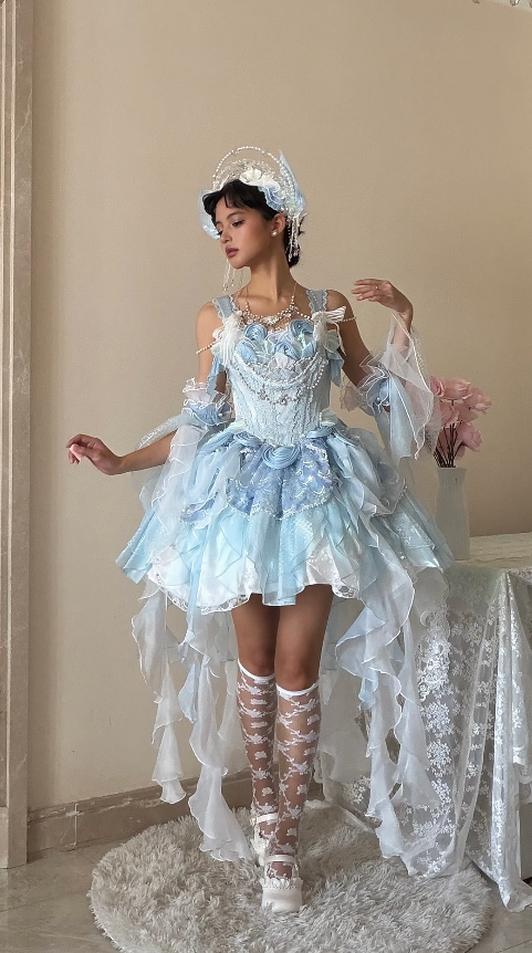 Robe d'anniversaire bleue de fée, bretelles, robe de bal, dentelle Lolita, robe de soirée en tulle bleu DP05422