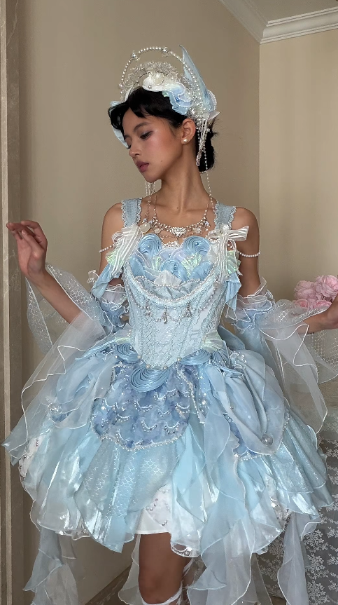 Robe d'anniversaire bleue de fée, bretelles, robe de bal, dentelle Lolita, robe de soirée en tulle bleu DP05422