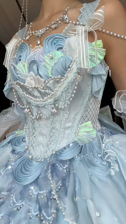 Feenhaftes blaues Geburtstagskleid mit Trägern, Ballkleid, Spitze, Lolita-Kleid, Tüll, blaues Partykleid DP05422