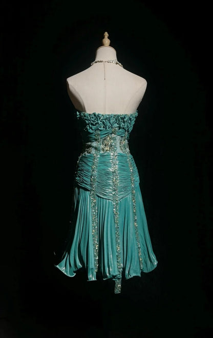 Fairy Turquoise Birthday Dress Strapless Party Dress Satin Sheath Short Prom Dress DP05424