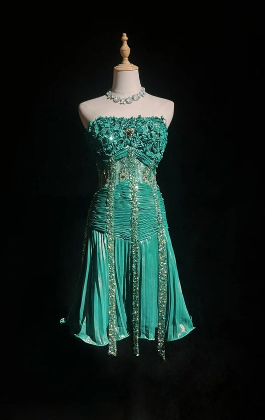 Robe de Soirée Anniversaire Fée Turquoise Bustier Robe Fourreau en Satin Courte Robe de Bal DP05424