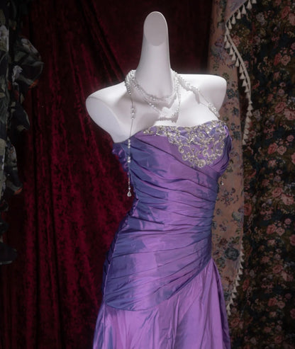 Chic Purple Prom Dress Strapless Sheath Satin Long Evening Dress DP05427