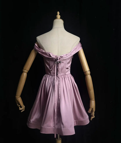 Feenrosa kurzes Ballkleid schulterfrei A-Linie Abschlussballkleid Satin Cocktailkleid DP05431