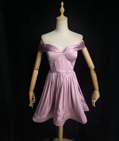 Feenrosa kurzes Ballkleid schulterfrei A-Linie Abschlussballkleid Satin Cocktailkleid DP05431