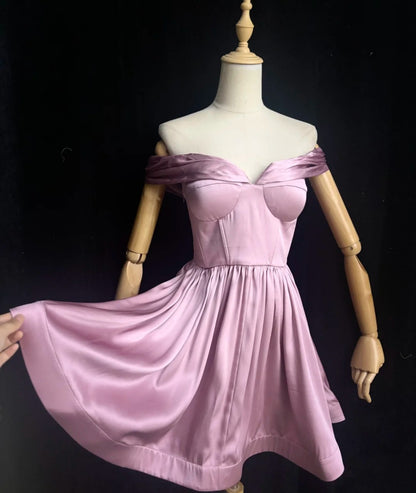 Feenrosa kurzes Ballkleid schulterfrei A-Linie Abschlussballkleid Satin Cocktailkleid DP05431