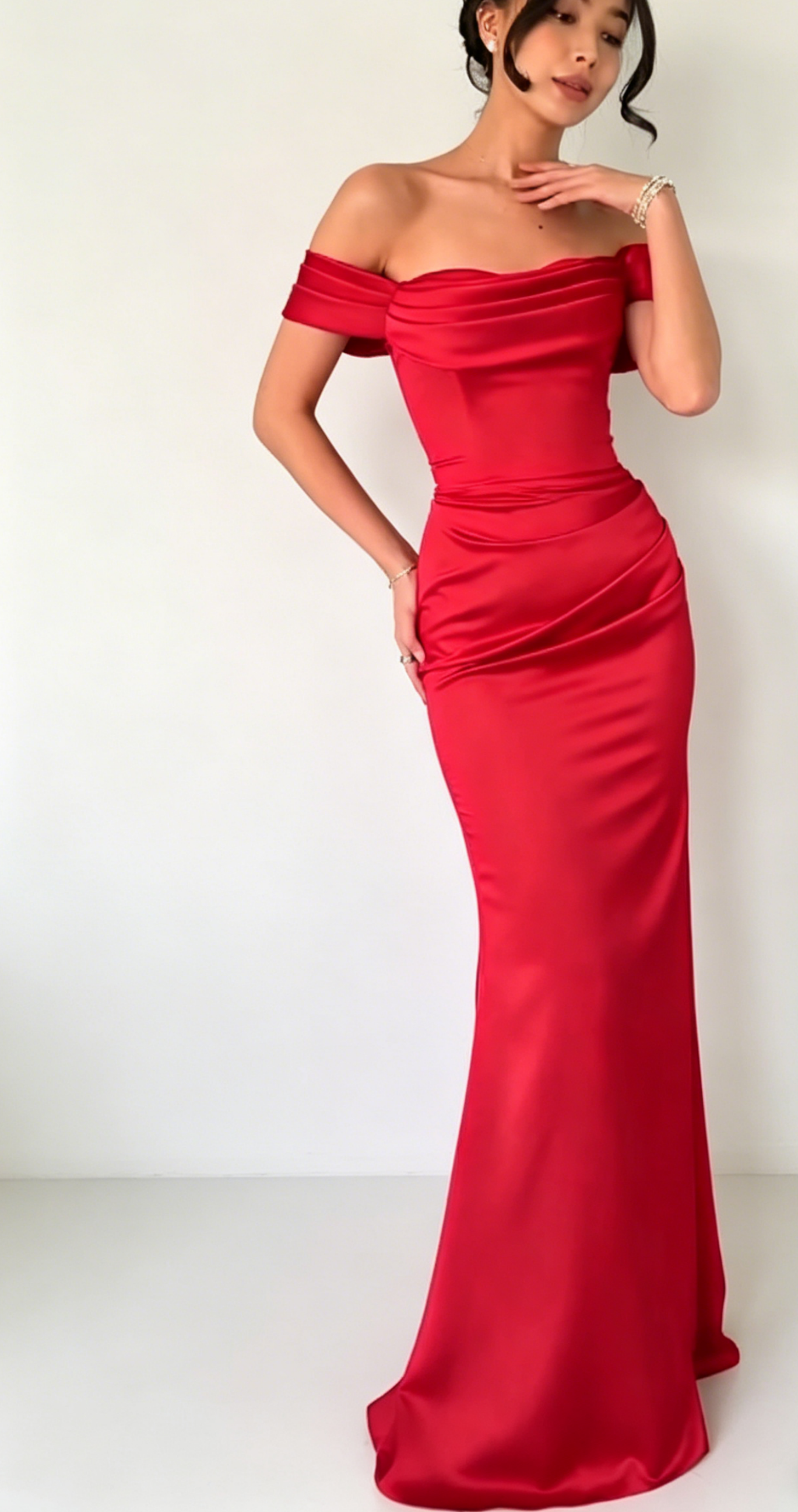 Robe de soirée longue fourreau épaule dénudée de fée rouge en satin, robe d'invitée de mariage DP05432