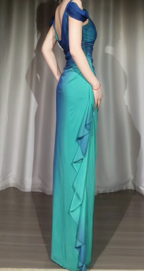 Fairy Teal Prom Dress Off-shoulder Sheath Chiffon Long Evening Dress  DP05436
