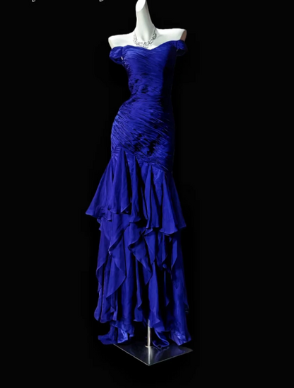 Feenhaftes, hellblaues Ballkleid, schulterfrei, Etui-Form, Satin, langes Abendkleid DP05437