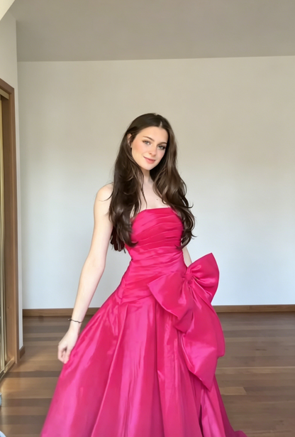 Elfenhaftes, heißrosafarbenes Ballkleid, trägerlos, A-Linie, Satin, langes Abendkleid DP05438