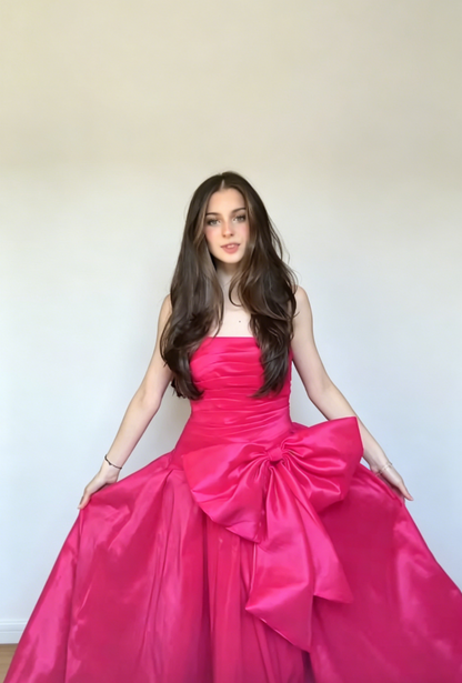 Elfenhaftes, heißrosafarbenes Ballkleid, trägerlos, A-Linie, Satin, langes Abendkleid DP05438