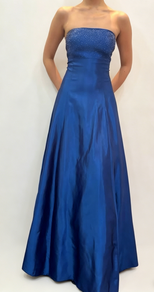 Chic Blue Prom Dress Strapless A-Line Satin Sequins Long Evening Dress DP05440