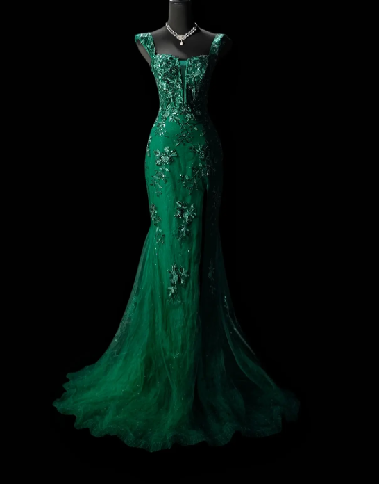 Schickes grünes Ballkleid mit Trägern, Meerjungfrauen-Schnitt, Tüll und Applikationen, langes Abendkleid DP05441