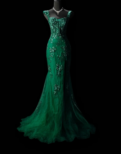 Schickes grünes Ballkleid mit Trägern, Meerjungfrauen-Schnitt, Tüll und Applikationen, langes Abendkleid DP05441