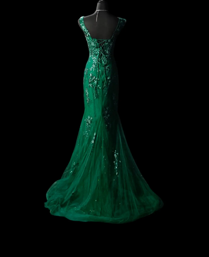 Schickes grünes Ballkleid mit Trägern, Meerjungfrauen-Schnitt, Tüll und Applikationen, langes Abendkleid DP05441