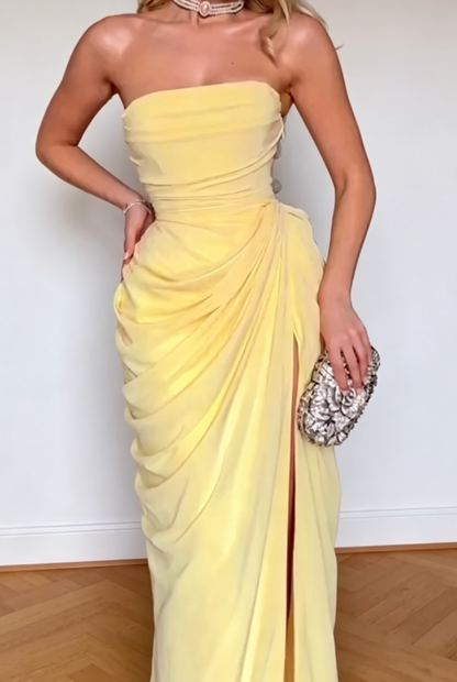 Chic Yellow Wedding Guest Dress Strapless Sheath Chiffon Long Evening Dress DP05443