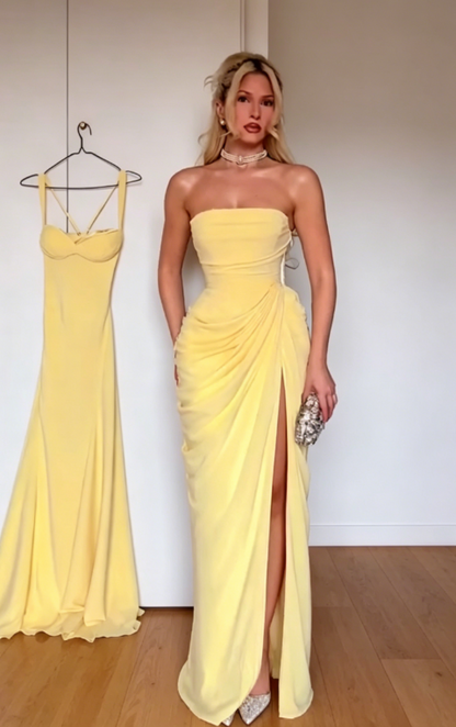 Chic Yellow Wedding Guest Dress Strapless Sheath Chiffon Long Evening Dress DP05443