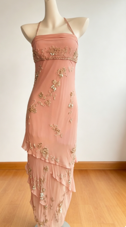 Chic Light Coral Prom Dress Strapless Sheath Chiffon Beaded Long Evening Dress DP05444