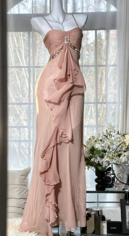 Elegantes gelbes Hochzeitsgastkleid Spaghettiträger Etui Chiffon Langes Abendkleid DP05445