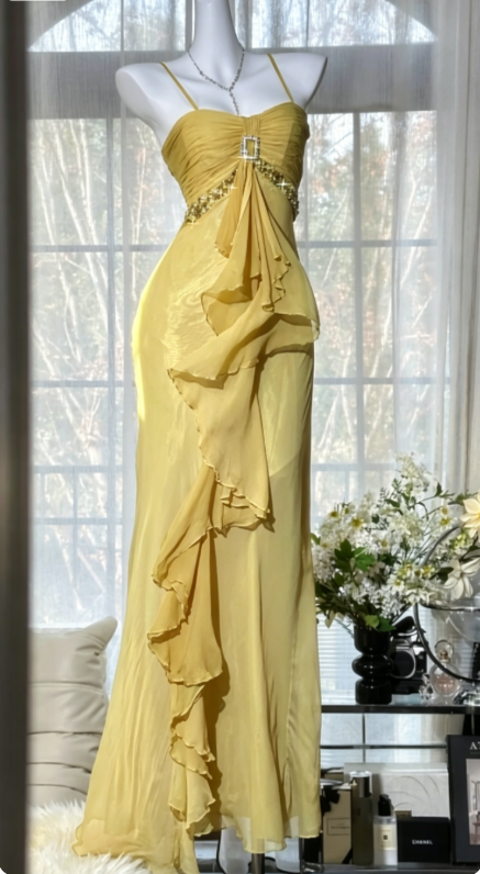 Elegantes gelbes Hochzeitsgastkleid Spaghettiträger Etui Chiffon Langes Abendkleid DP05445