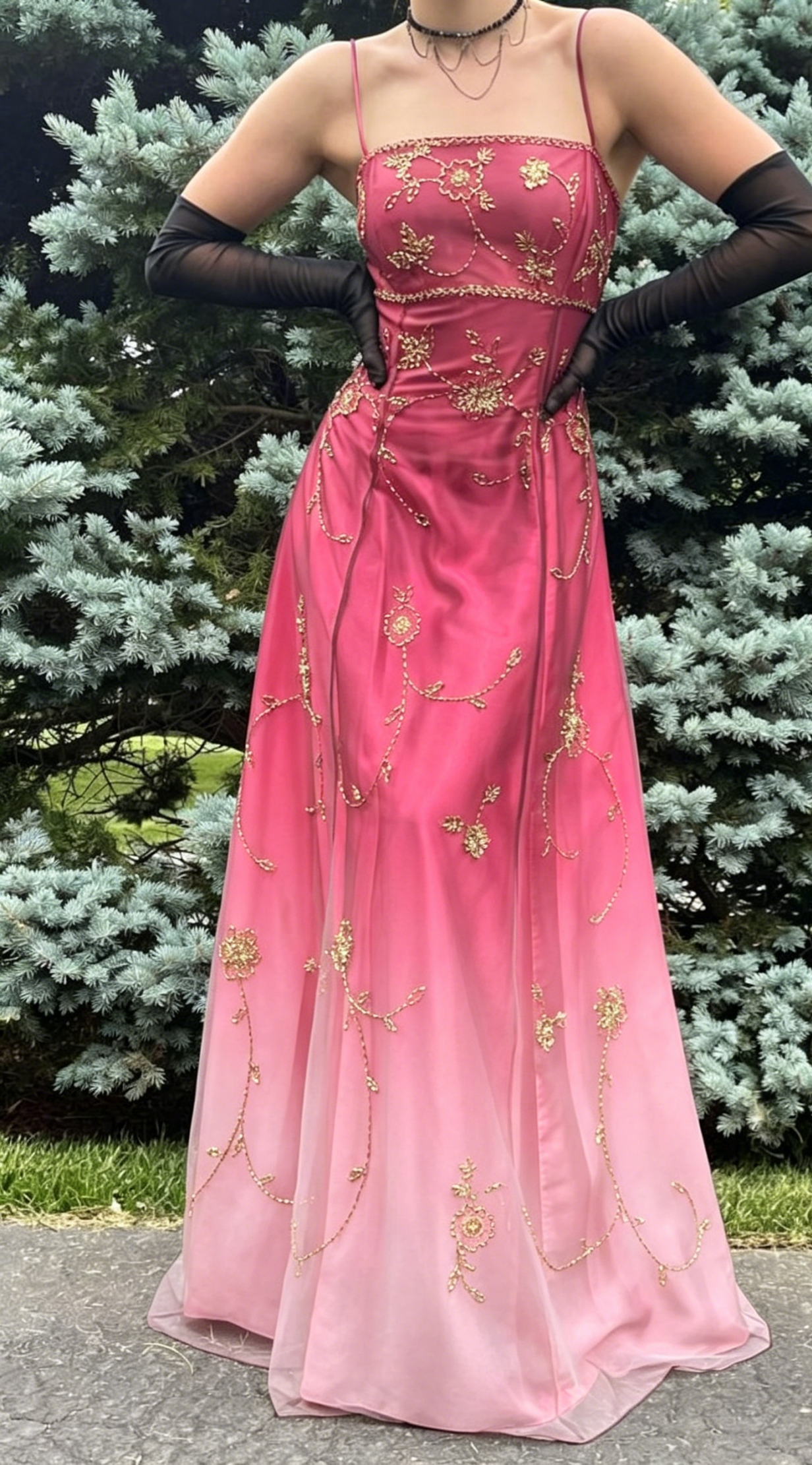 Chic Hot Pink Prom Dress Spaghetti Straps Sheath Chiffon Beaded Long Evening Dress DP05446