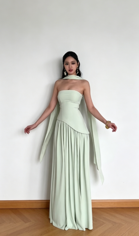 Elegantes grünes trägerloses Etui-Abendkleid aus Chiffon für Hochzeitsgäste DP05447