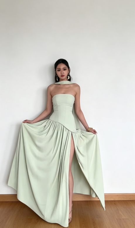 Elegantes grünes trägerloses Etui-Abendkleid aus Chiffon für Hochzeitsgäste DP05447