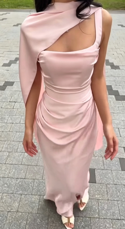 Chic Pink Bridesmaid Dress Satin Wedding Guest Dress Spaghetti Straps Sheath Long Evening Dress DP05449