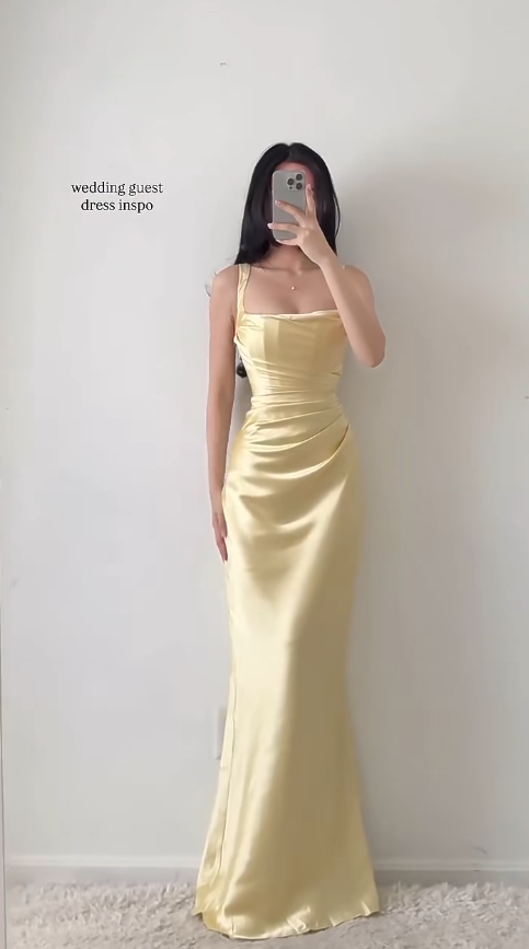 Elegantes gelbes Brautjungfernkleid Satin Hochzeitsgastkleid Spaghettiträger Etui Lang Abendkleid DP05452