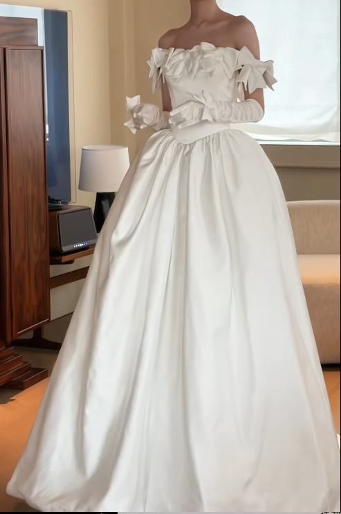 Modest A-Line Wedding Dress Off-shoulder White Bridal Dress Satin Bridal Gowns DP05453