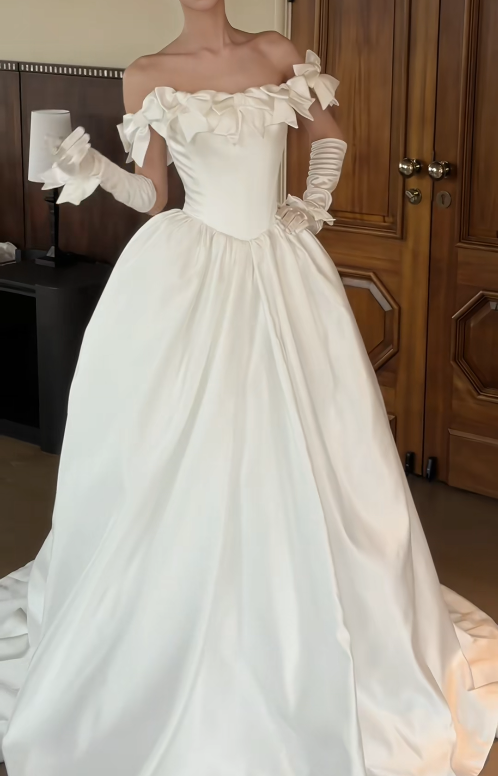 Modest A-Line Wedding Dress Off-shoulder White Bridal Dress Satin Bridal Gowns DP05453