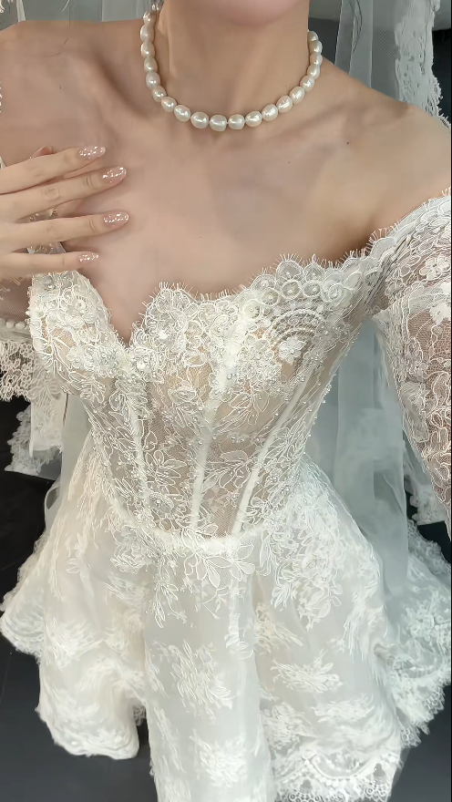 Modest A-Line Wedding Dress Off-shoulder White Bridal Dress Lace Bridal Gowns  DP05454