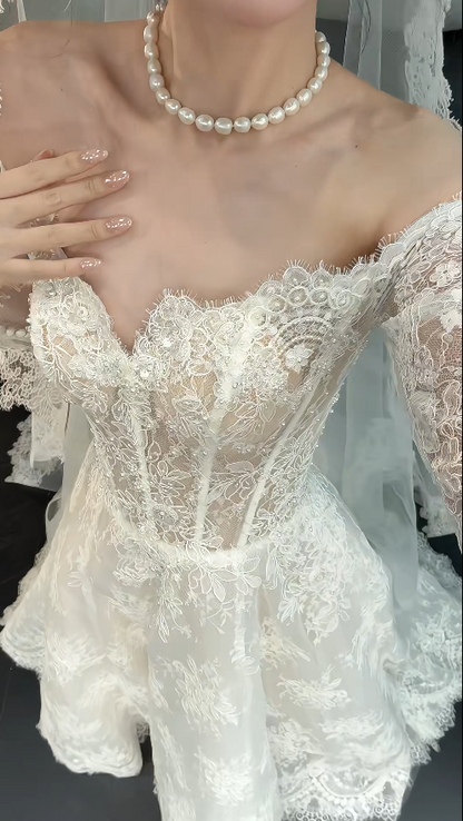 Modest A-Line Wedding Dress Off-shoulder White Bridal Dress Lace Bridal Gowns  DP05454