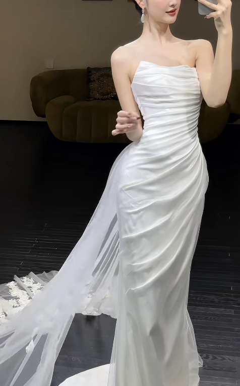 Modest Sheath Wedding Dress Strapless White Bridal Dress Tulle Bridal Gown DP05455