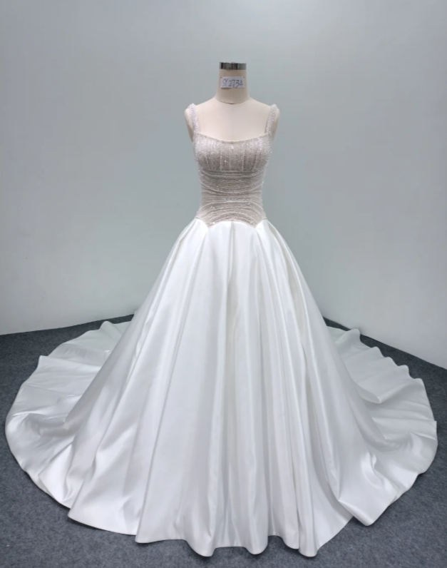 Modest A-Line Wedding Dress Spaghettit Straps White Bridal Dress Beaded Satin Bridal Gown DP05456