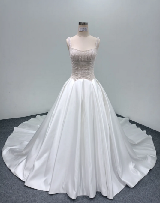 Modest A-Line Wedding Dress Spaghettit Straps White Bridal Dress Beaded Satin Bridal Gown DP05456