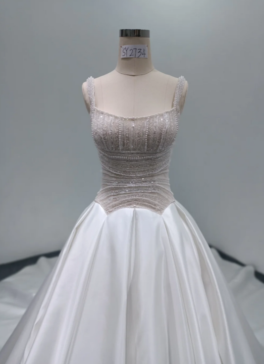 Modest A-Line Wedding Dress Spaghettit Straps White Bridal Dress Beaded Satin Bridal Gown DP05456