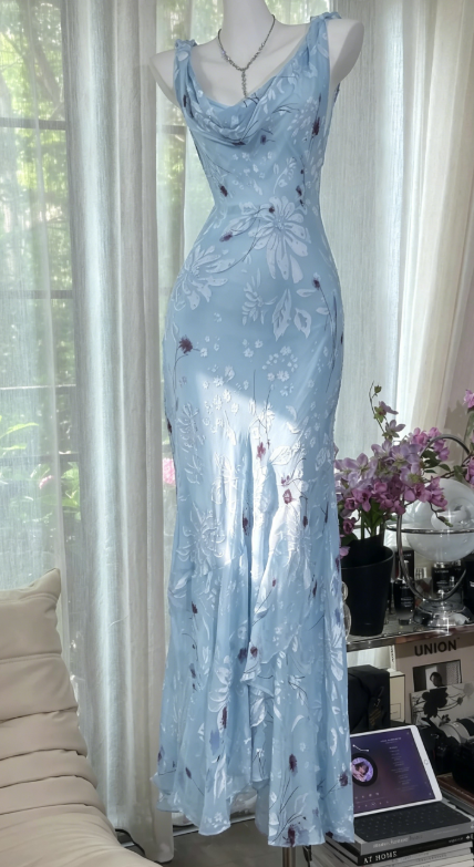 Elegante Spaghettiträger Etui Chiffon Langes Abendkleid Blaues Hochzeitsgastkleid DP05461