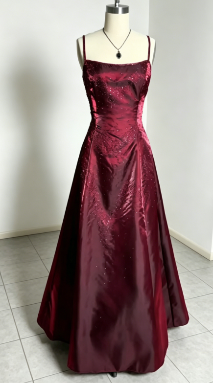 Élégante Robe de Soirée Longue en Satin Bordeaux Coupe Trapèze à Fines Bretelles pour Bal de Promo DP05464