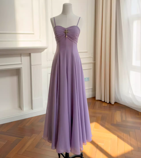 Robe de soirée longue trapèze en mousseline violette, sans manches, robe de bal DP05465