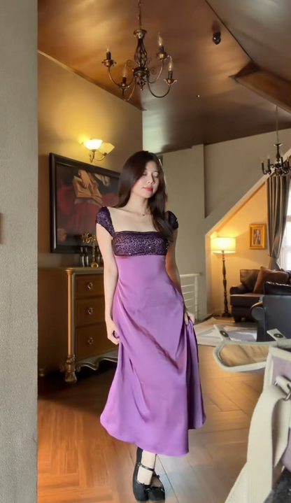 Robe de soirée sirène longue en satin violet fée Robe d'anniversaire DP05466