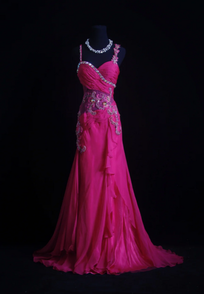Robe de soirée longue fourreau à fines bretelles Fairy Rose vif en mousseline de soie Robe de bal Robe de cérémonie DP05467
