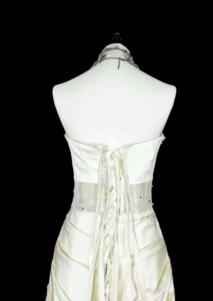 Fairy Sweetheart Sheath Long Evening Dress White Prom Dress Satin Formal Dress DP05468